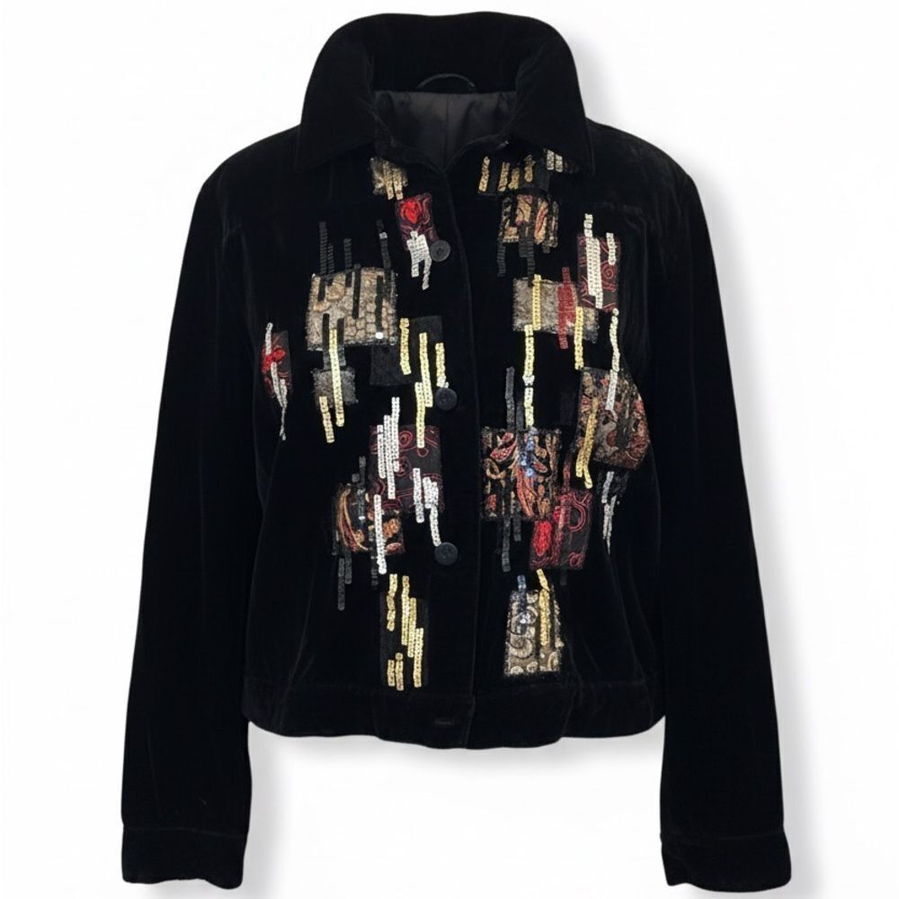 Embroidered Black Velvet bomber Jacket with geometric sequins and patterns